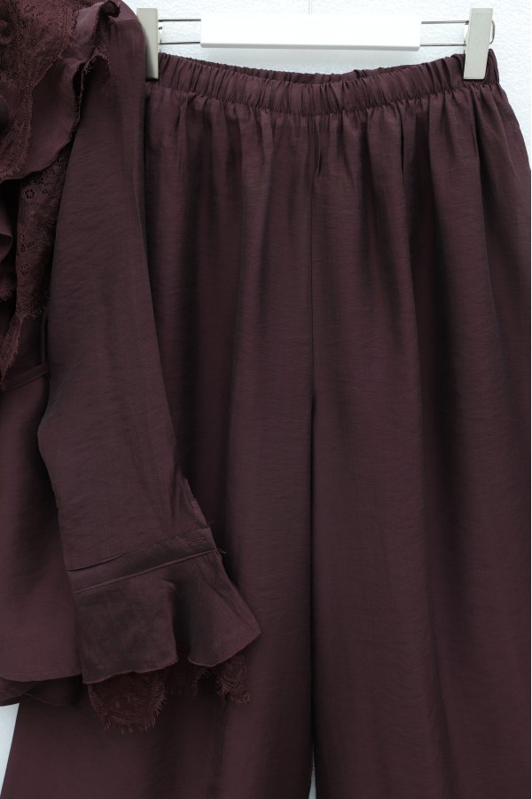 Cupra Suit with Tie Collar, Lace Trim, Ruffles, Belt, and Lined Trousers -Damson