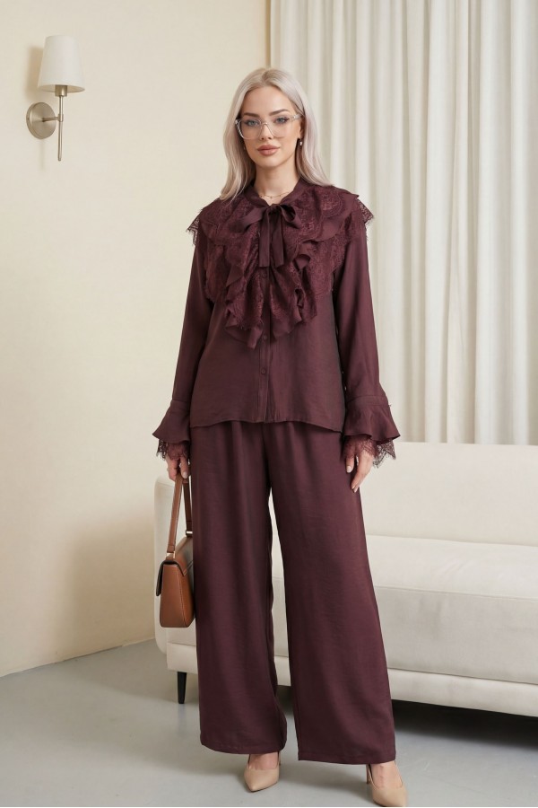 Cupra Suit with Tie Collar, Lace Trim, Ruffles, Belt, and Lined Trousers -Damson