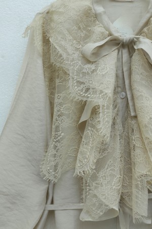 Cupra Suit with Tie Collar, Lace Trim, Ruffles, Belt, and Lined Trousers -Stone