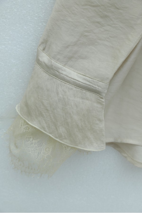 Cupra Suit with Tie Collar, Lace Trim, Ruffles, Belt, and Lined Trousers -Stone