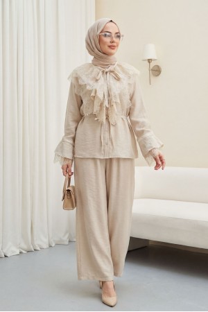 Cupra Suit with Tie Collar, Lace Trim, Ruffles, Belt, and Lined Trousers -Stone