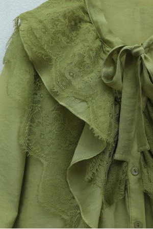 Cupra Suit with Tie Collar, Lace Trim, Ruffles, Belt, and Lined Trousers -Olive