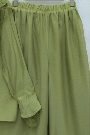 Cupra Suit with Tie Collar, Lace Trim, Ruffles, Belt, and Lined Trousers -Olive