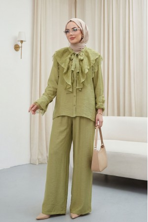 Cupra Suit with Tie Collar, Lace Trim, Ruffles, Belt, and Lined Trousers -Olive