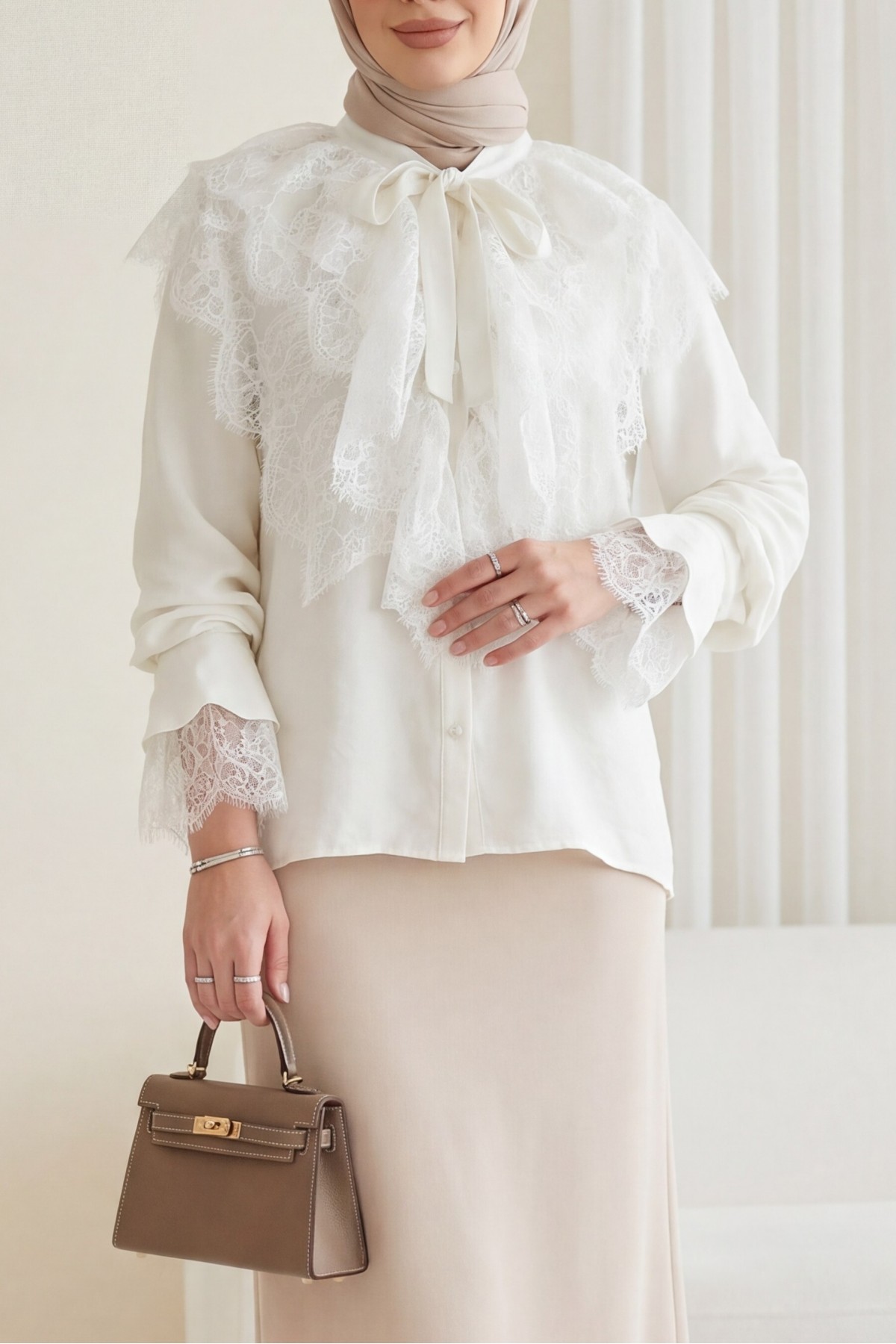 Long Back Cupra Shirt with Lace Detail and Lace Neckline  -Ecru