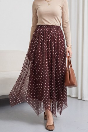 Beli Lastikli Asimetrik Kesim Parçalı Astarlı Şifon Etek -Bordo