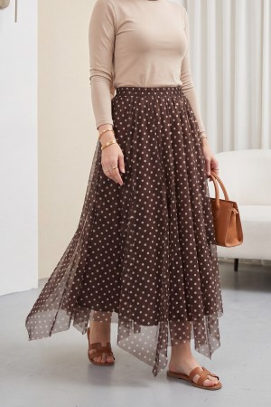 Beli Lastikli Asimetrik Kesim Parçalı Astarlı Şifon Etek -Kahve