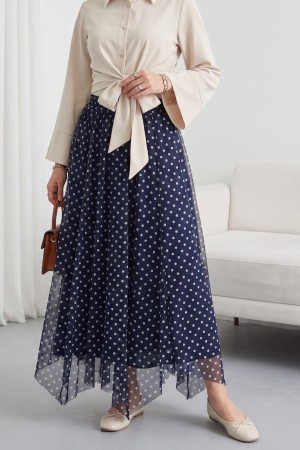 Beli Lastikli Asimetrik Kesim Parçalı Astarlı Şifon Etek -Lacivert