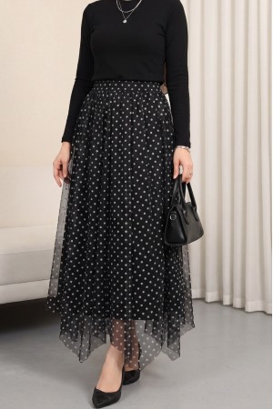 Beli Lastikli Asimetrik Kesim Parçalı Astarlı Şifon Etek -Siyah