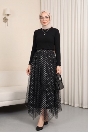 Beli Lastikli Asimetrik Kesim Parçalı Astarlı Şifon Etek -Siyah