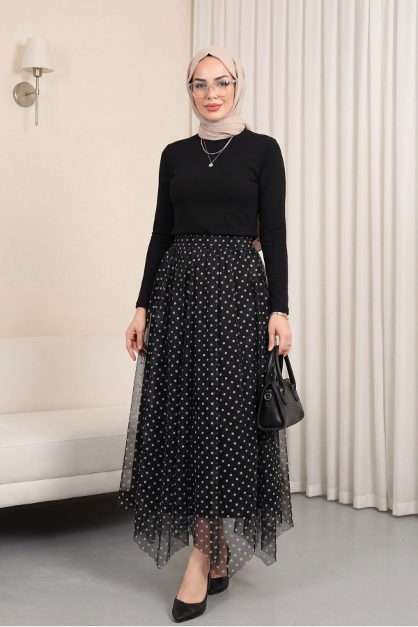 Asymmetrical, panelled, lined chiffon skirt with elasticated waist. -Black