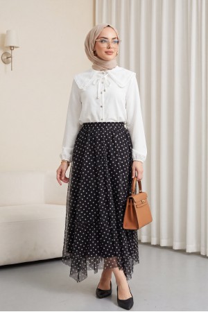 Beli Lastikli Asimetrik Kesim Parçalı Astarlı Şifon Etek -Siyah