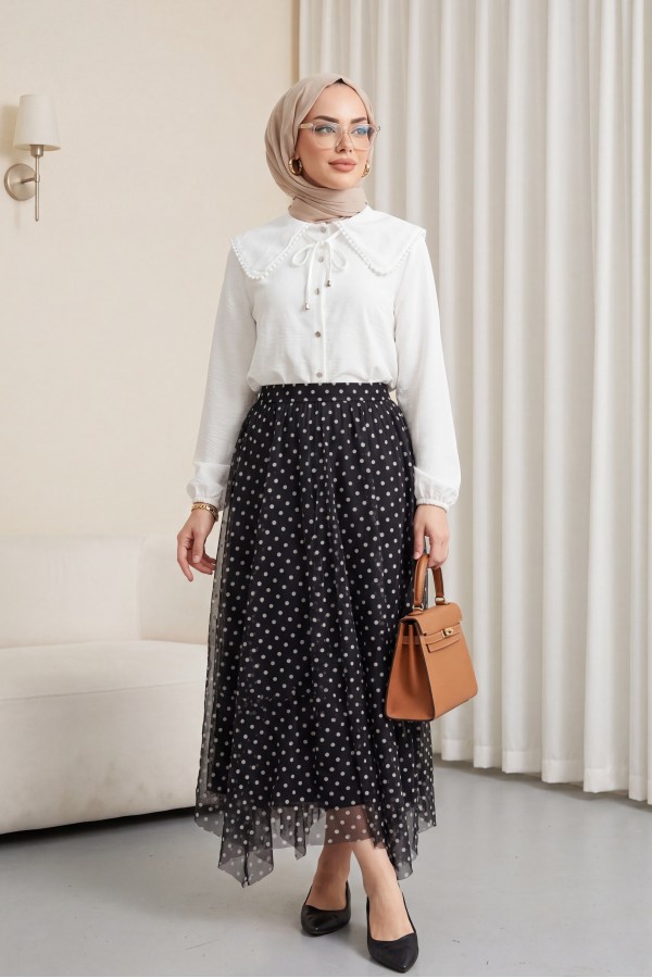 Asymmetrical, panelled, lined chiffon skirt with elasticated waist. -Black