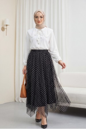 Beli Lastikli Asimetrik Kesim Parçalı Astarlı Şifon Etek -Siyah