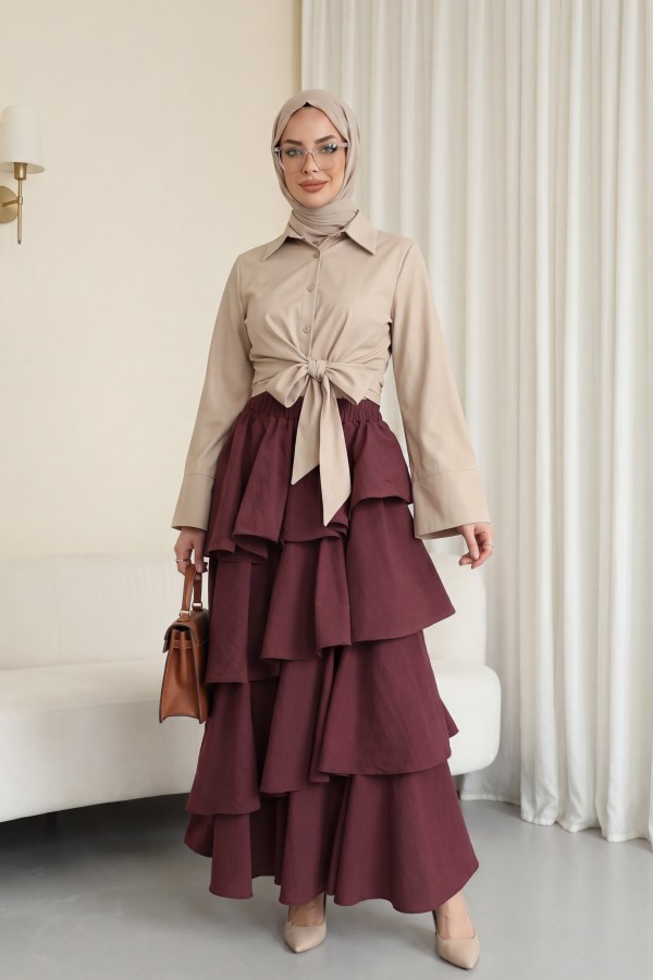Cupra Skirt with Elastic Waist and Layered Lining -Maroon