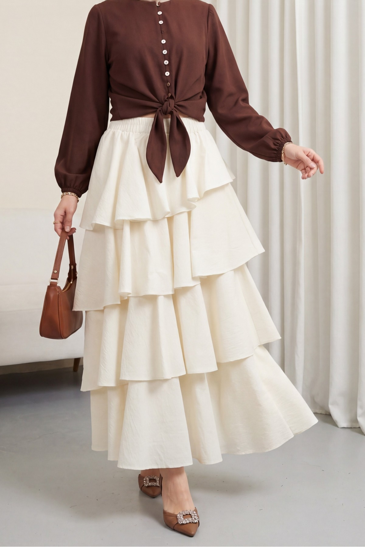 Cupra Skirt with Elastic Waist and Layered Lining -Ecru