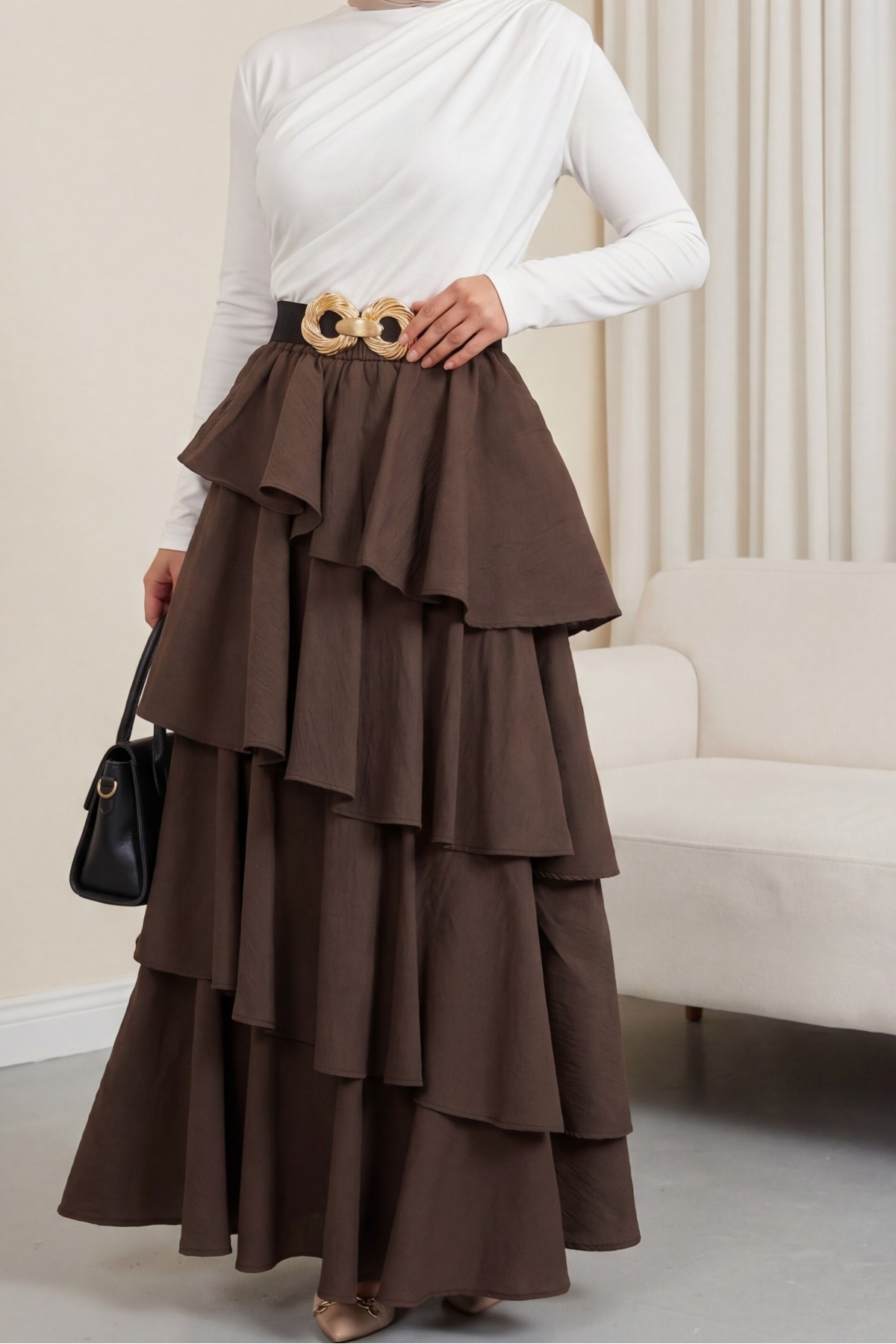 Cupra Skirt with Elastic Waist and Layered Lining -Brown