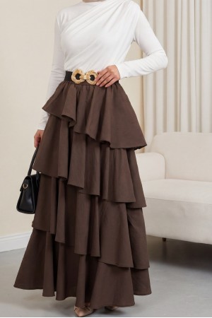 Beli Lastikli Katlı Astarlı Cupra Etek -Kahve