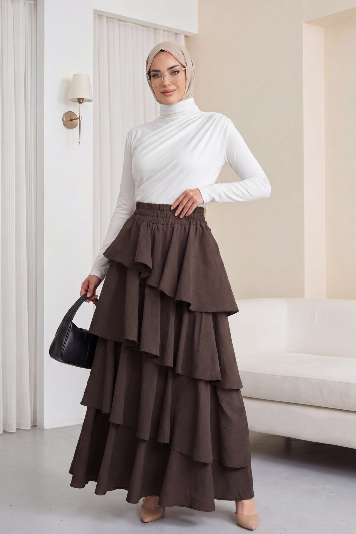 Cupra Skirt with Elastic Waist and Layered Lining -Brown