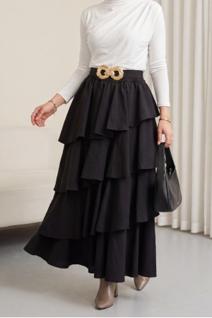 Beli Lastikli Katlı Astarlı Cupra Etek -Siyah