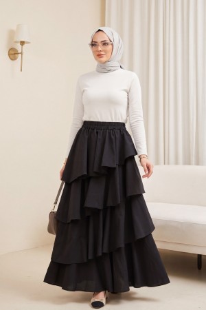Beli Lastikli Katlı Astarlı Cupra Etek -Siyah