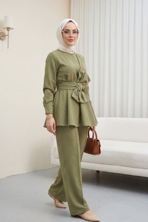 Beli Tokalı Fiyonk Detaylı Pantolonlu Cupra Takım  -Haki