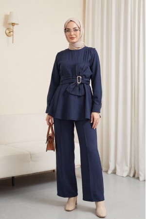 Beli Tokalı Fiyonk Detaylı Pantolonlu Cupra Takım  -Lacivert