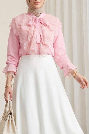 Yakası Bağcıklı Fırfırlı Dantel Detaylı Arkası Uzun Cupra Gömlek   -Pembe