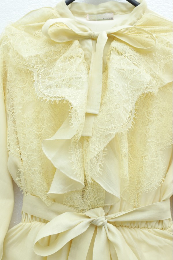 Belted, Elasticated Waist, Half-Button Closure, Tie-Neck, Ruffled, Lined Cupra Dress -Light yellow