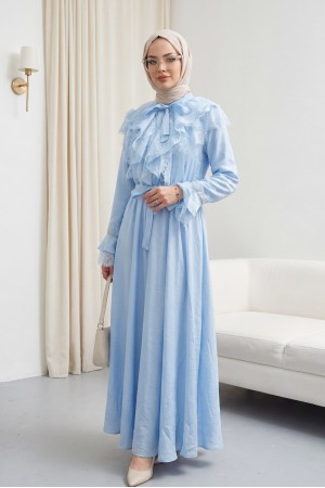 Belted, Elasticated Waist, Half-Button Closure, Tie-Neck, Ruffled, Lined Cupra Dress -Baby Blue