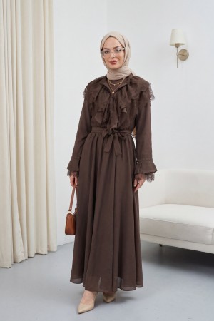 Belted, Elasticated Waist, Half-Button Closure, Tie-Neck, Ruffled, Lined Cupra Dress -Dark Coffee