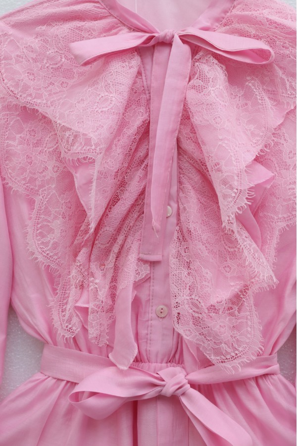 Belted, Elasticated Waist, Half-Button Closure, Tie-Neck, Ruffled, Lined Cupra Dress -Pink