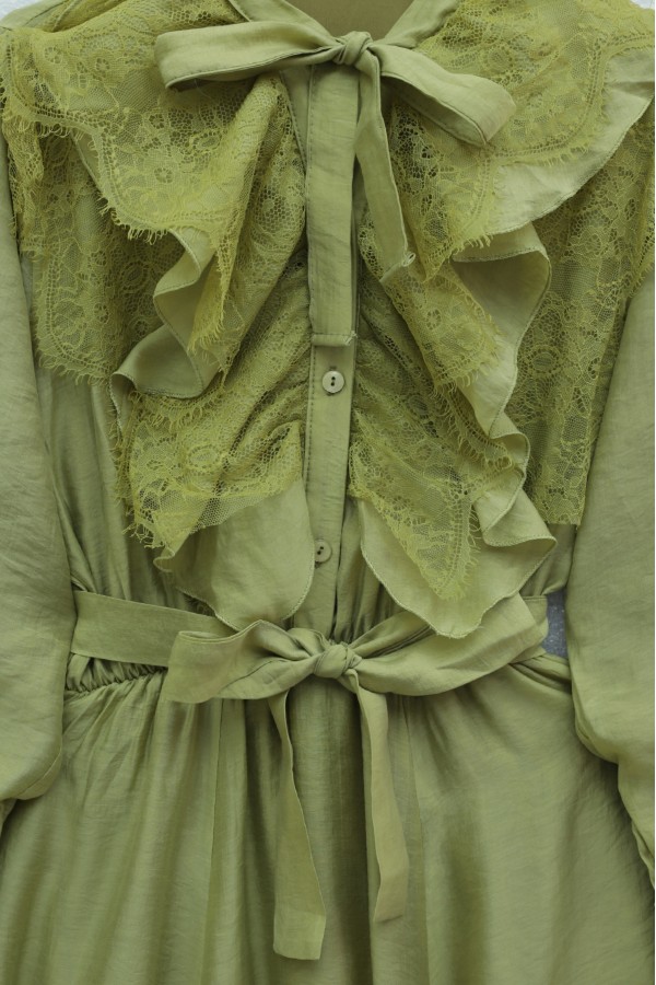 Belted, Elasticated Waist, Half-Button Closure, Tie-Neck, Ruffled, Lined Cupra Dress -Oil Green