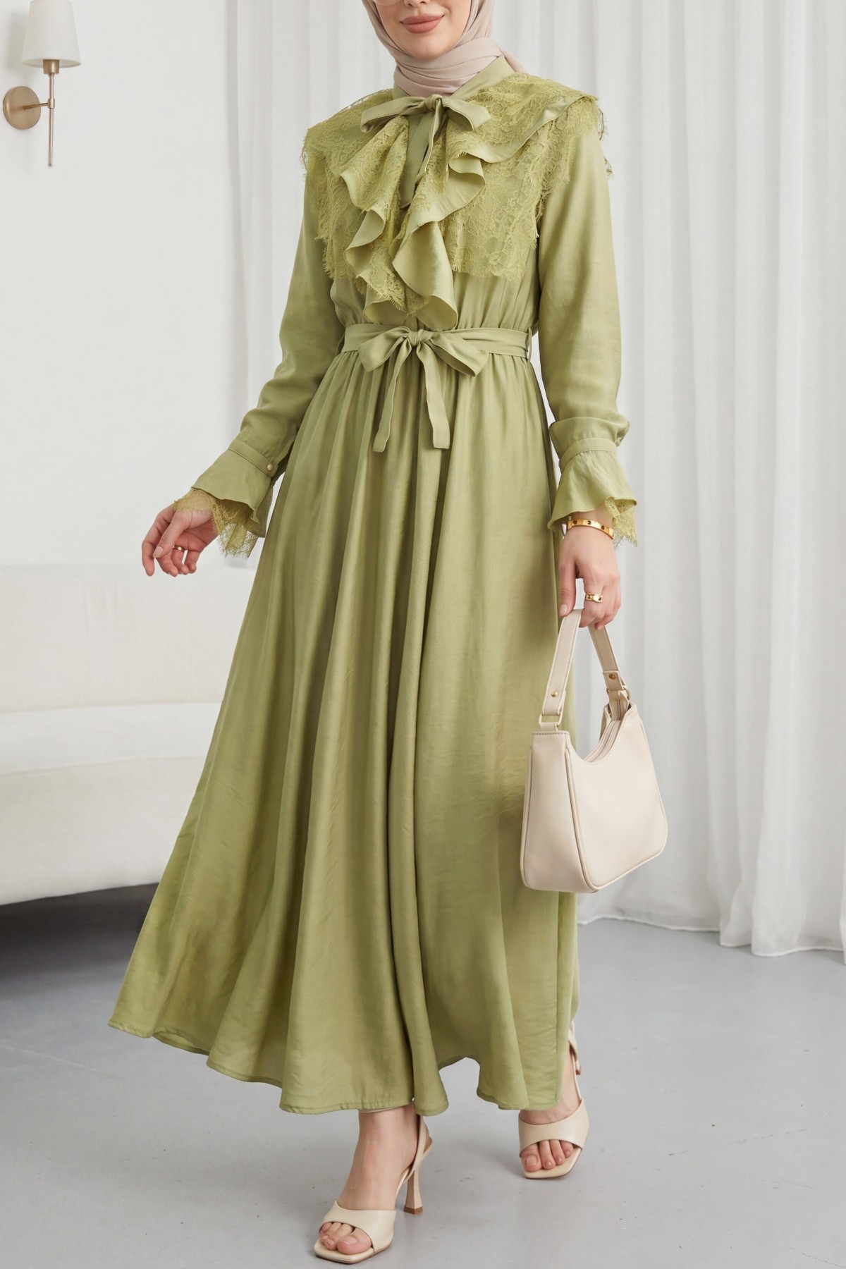 Belted, Elasticated Waist, Half-Button Closure, Tie-Neck, Ruffled, Lined Cupra Dress -Oil Green