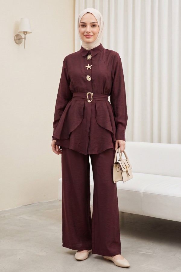 Cupra Suit with Elastic Waist, Belt, Pockets, and Lined Trousers -Maroon