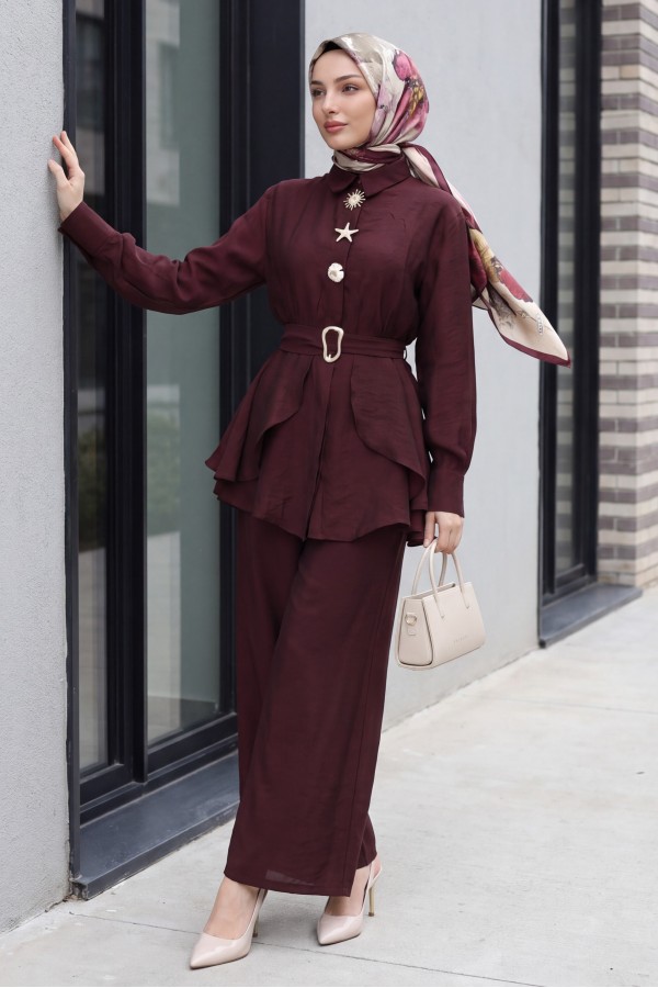 Cupra Suit with Elastic Waist, Belt, Pockets, and Lined Trousers -Maroon