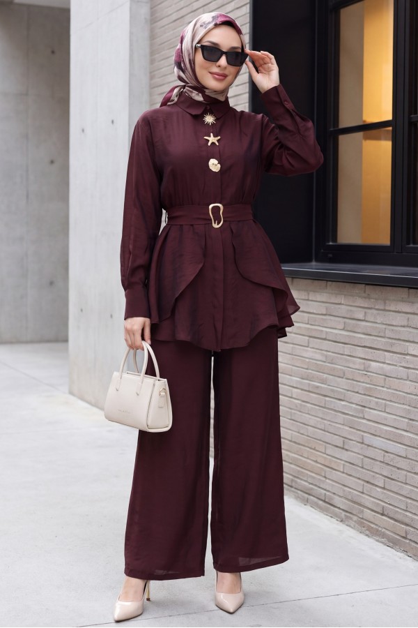 Cupra Suit with Elastic Waist, Belt, Pockets, and Lined Trousers -Maroon