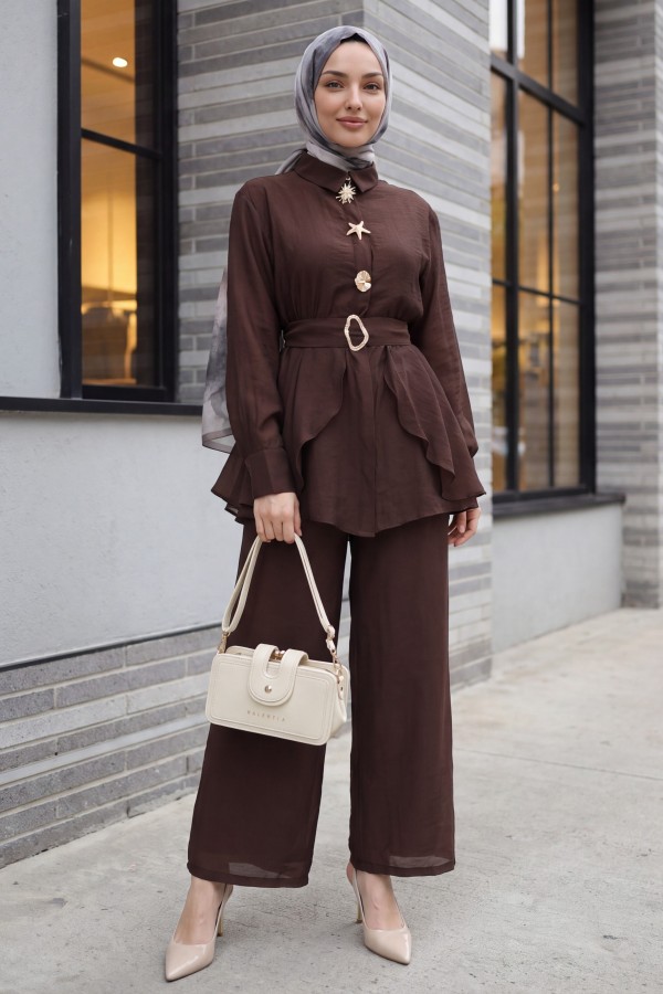 Cupra Suit with Elastic Waist, Belt, Pockets, and Lined Trousers -Dark Coffee
