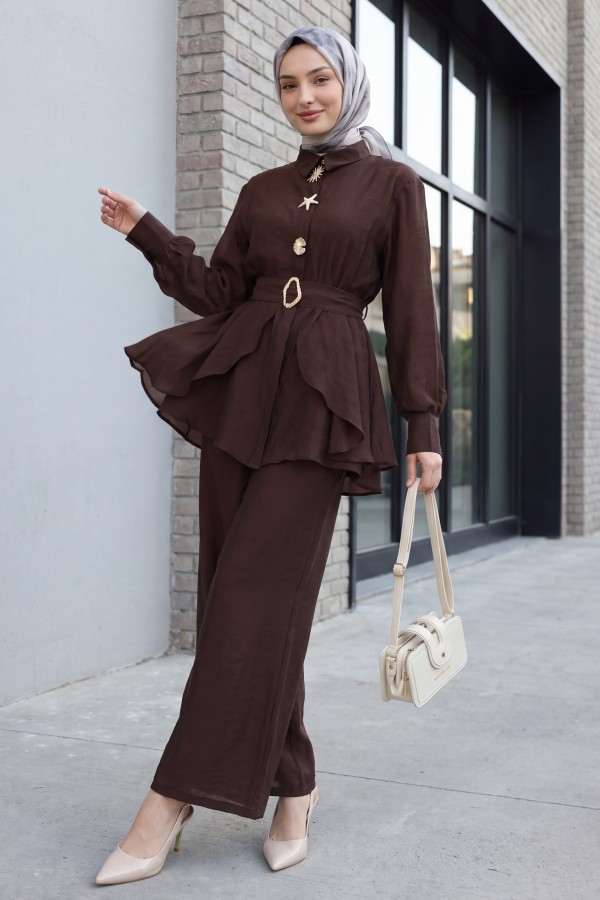 Cupra Suit with Elastic Waist, Belt, Pockets, and Lined Trousers -Dark Coffee