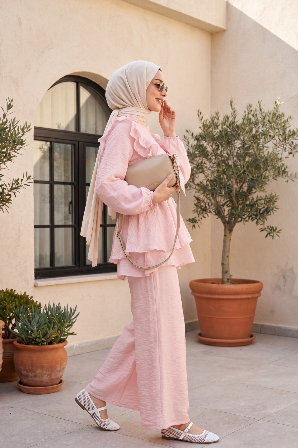 Voile Suit with Ruffled Front, Elasticated Sleeves and Trousers -Powder