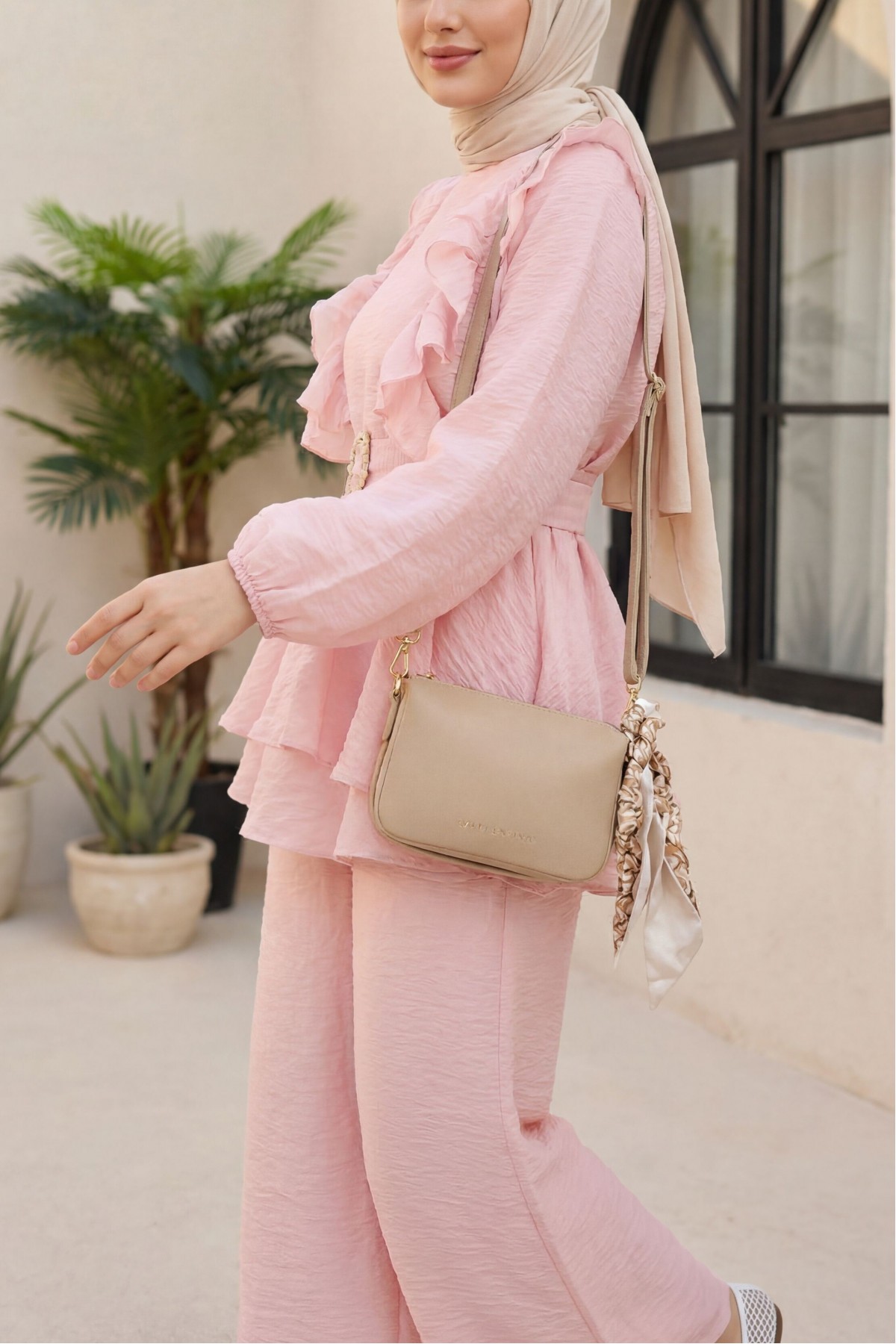 Voile Suit with Ruffled Front, Elasticated Sleeves and Trousers -Powder