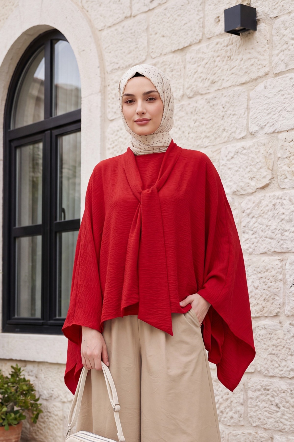 Oversized Poly-Viscose Tunic with Sash and Longer Back -Red