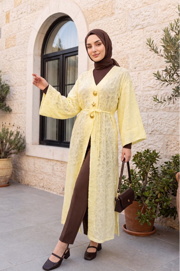 Geniş Kol Bağcıklı Broşlu Jakarlı Uzun Kimono -Sarı