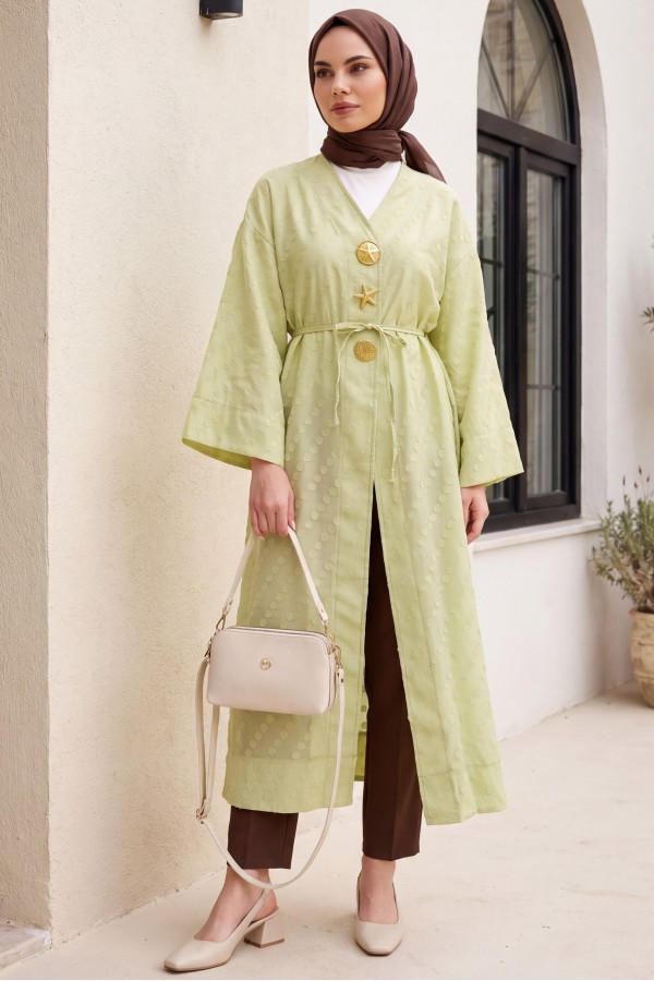 Broş Detaylı Yanları Yırtmaçlı Kabartma Puantiye Desenli Jakarlı Kimono -Çağla Yeşili