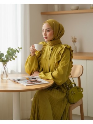 Önü Ve Eteği Fırfırlı Beli Lastikli Gömlek -Yağ Yeşili