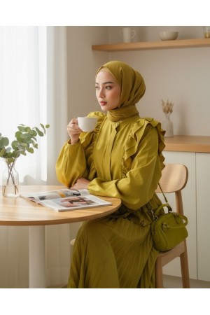 قميص أمامي مكشكش وتنورة بخصر مطاطي -زيت أخضر