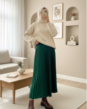 Pleated Elastic Waist Skirt -Emerald