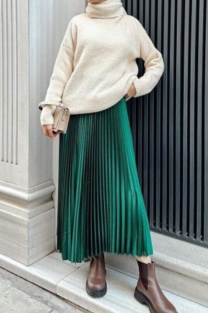 تنورة بخصر مطاطي بطيات -زمرد