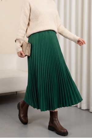 Pliseli Beli Lastikli Etek -Zümrüt