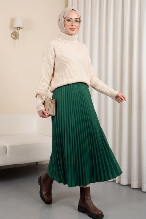 تنورة بخصر مطاطي بطيات -زمرد